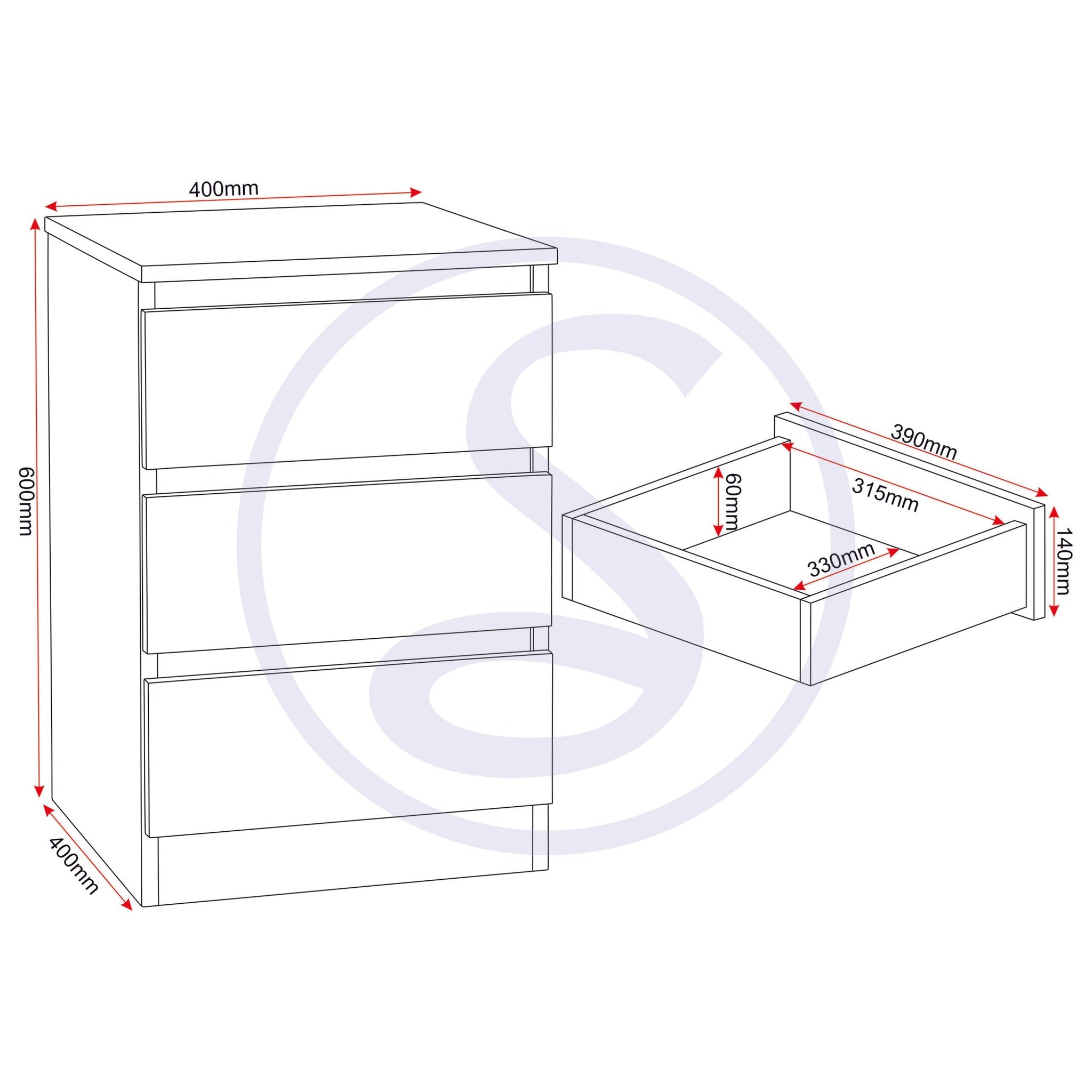Malvern 3 Drawer Bedside - Urban Snow