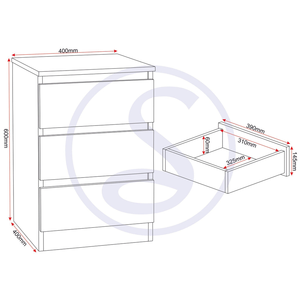 Malvern 3 Drawer Bedside X2 - White