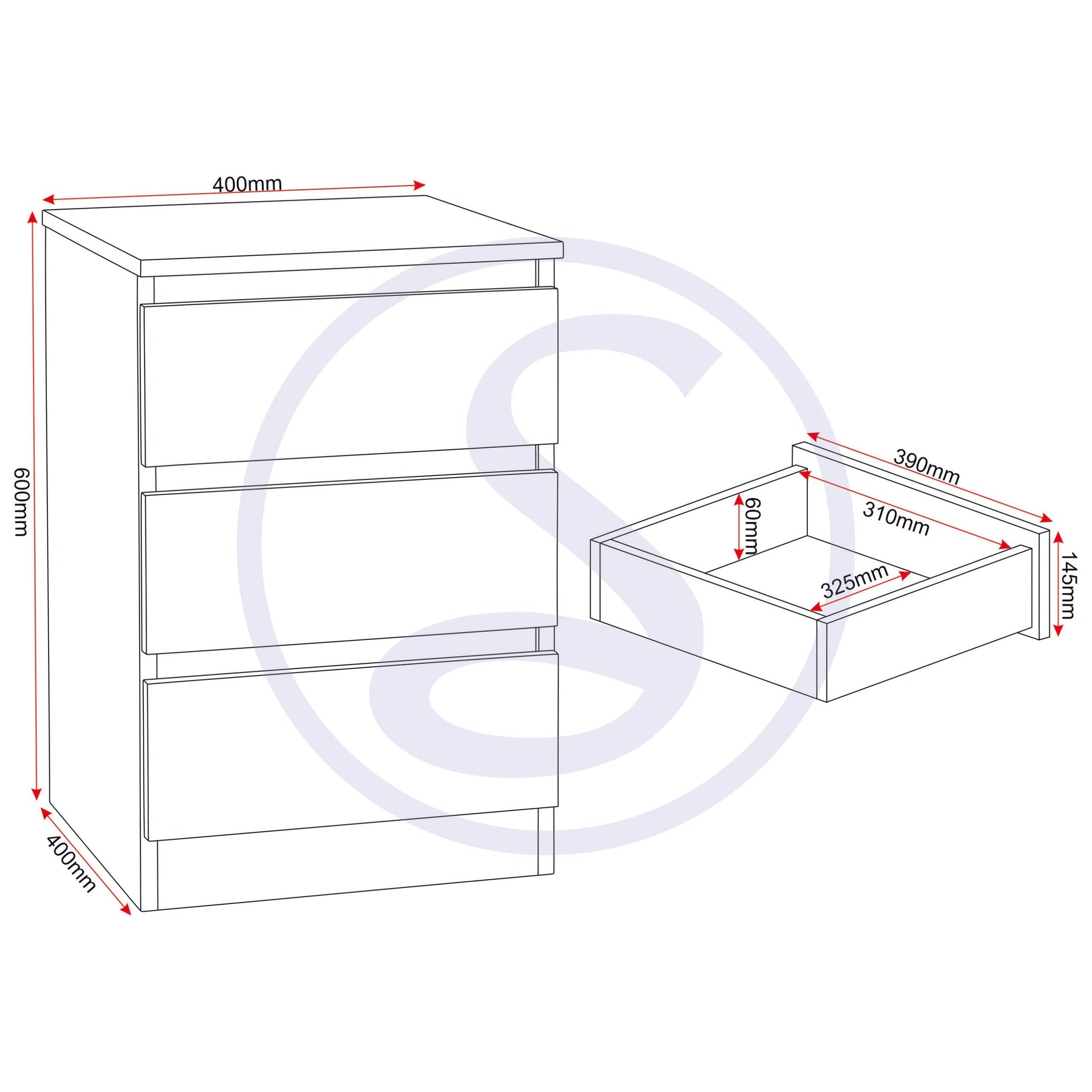 Malvern 3 Drawer Bedside X2 - White