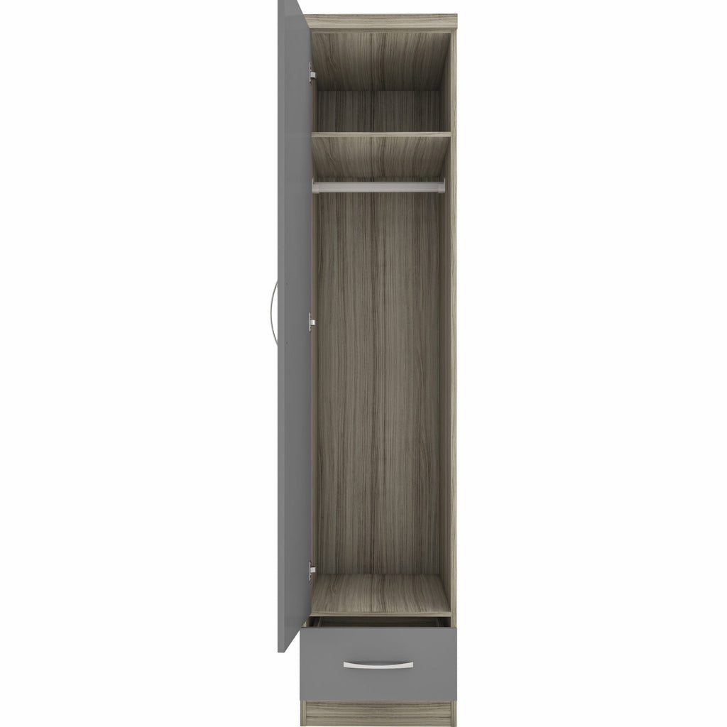 Nevada 1 Door 1 Drawer Wardrobe - Grey Gloss/Light Oak Effect Veneer