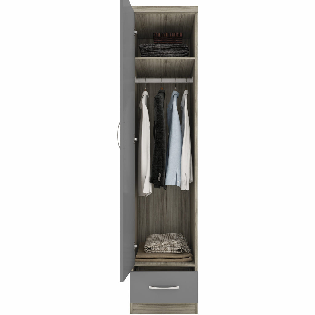Nevada 1 Door 1 Drawer Wardrobe - Grey Gloss/Light Oak Effect Veneer