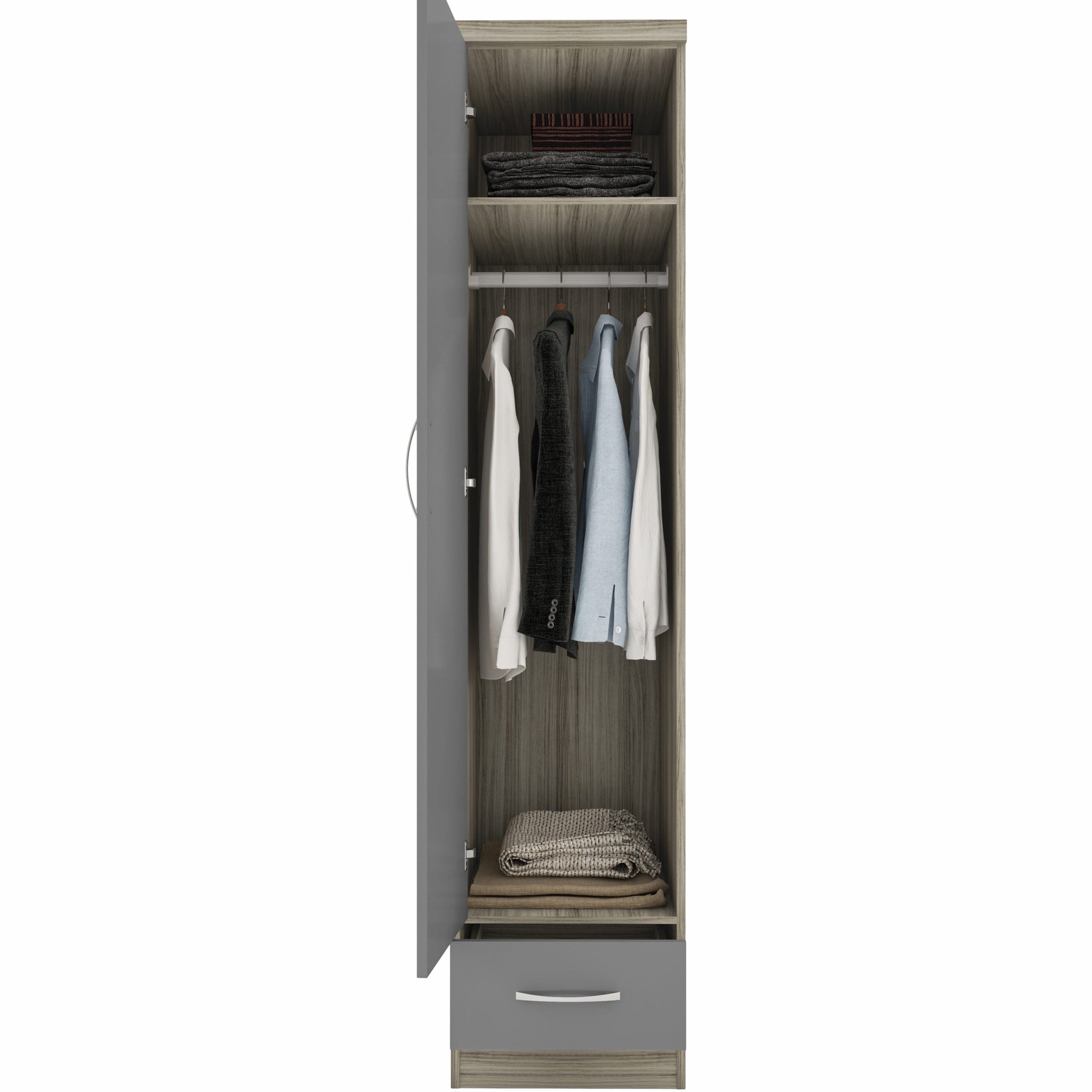 Nevada 1 Door 1 Drawer Wardrobe - Grey Gloss/Light Oak Effect Veneer
