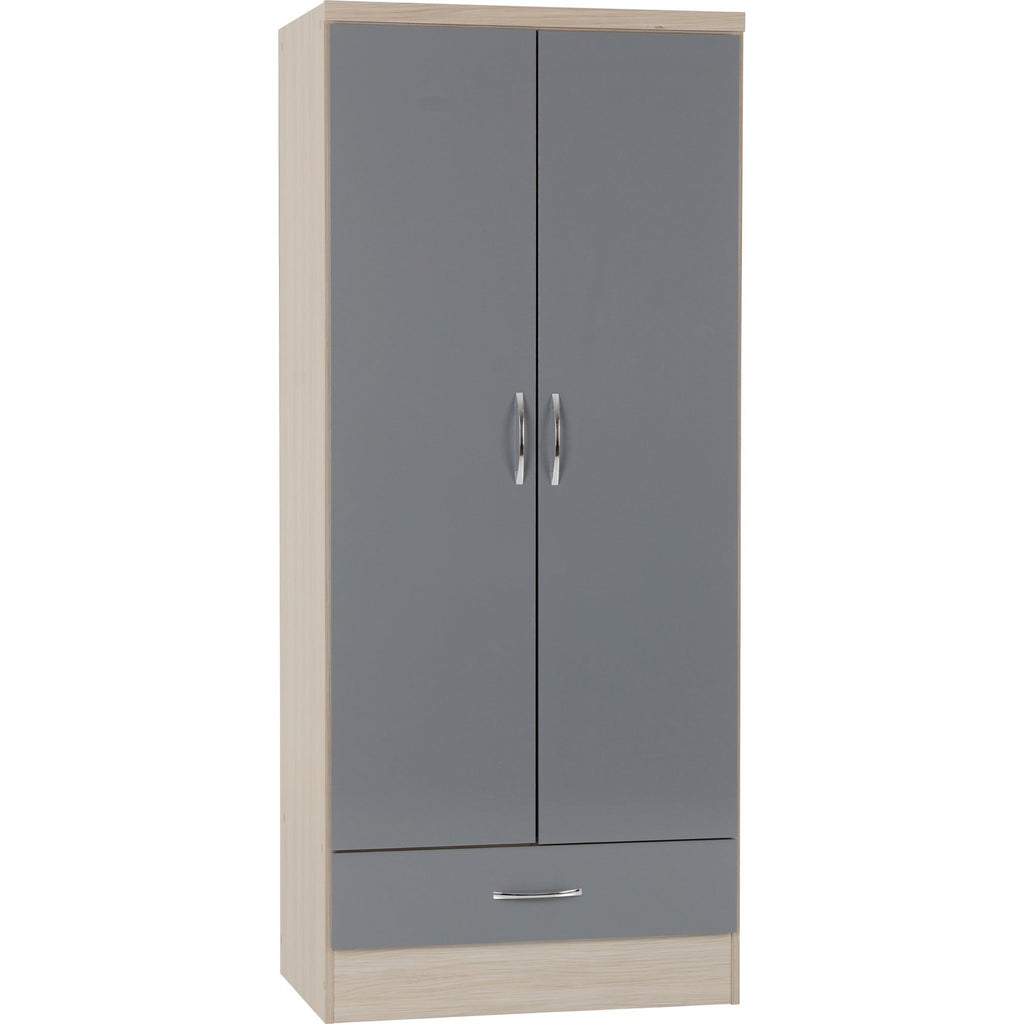 Nevada 2 Door 1 Drawer Wardrobe - Grey Gloss/Light Oak Effect Veneer