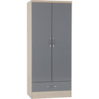 Nevada 2 Door 1 Drawer Wardrobe - Grey Gloss/Light Oak Effect Veneer