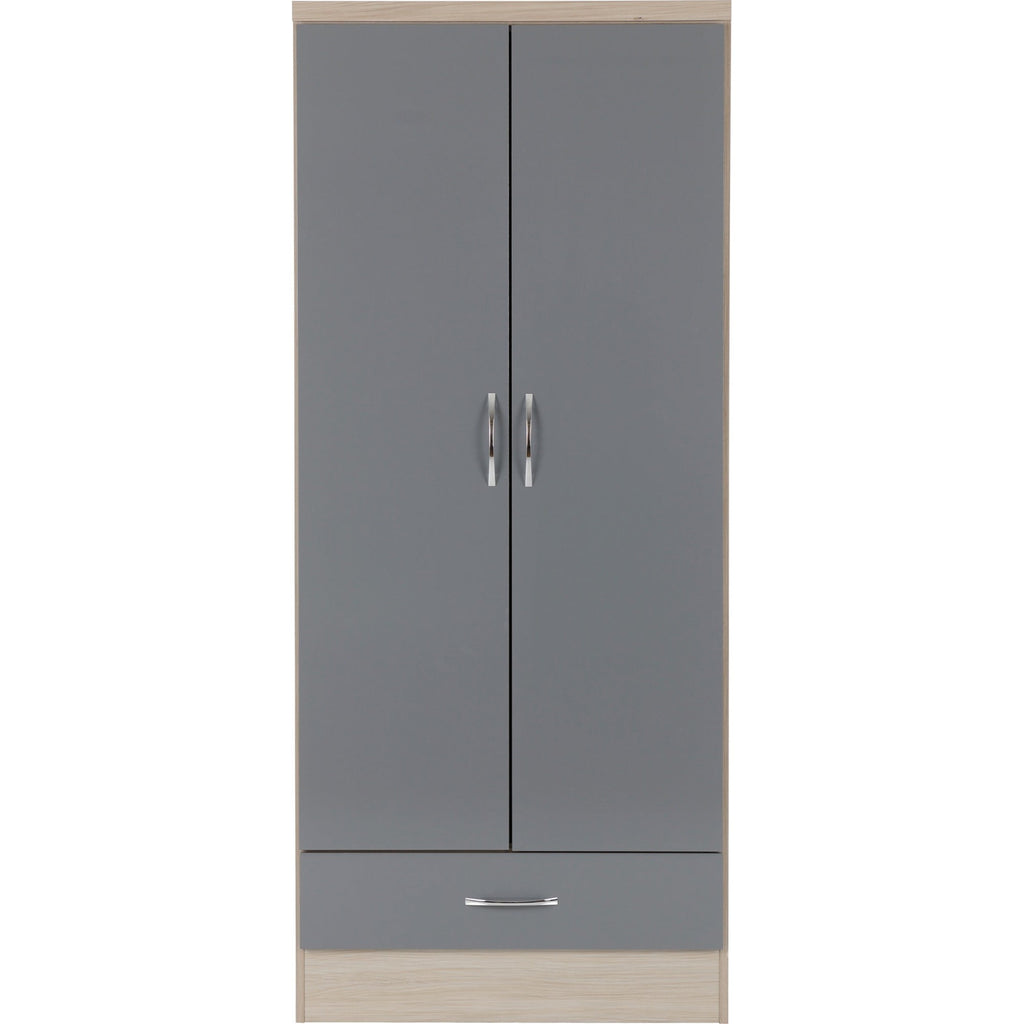 Nevada 2 Door 1 Drawer Wardrobe - Grey Gloss/Light Oak Effect Veneer