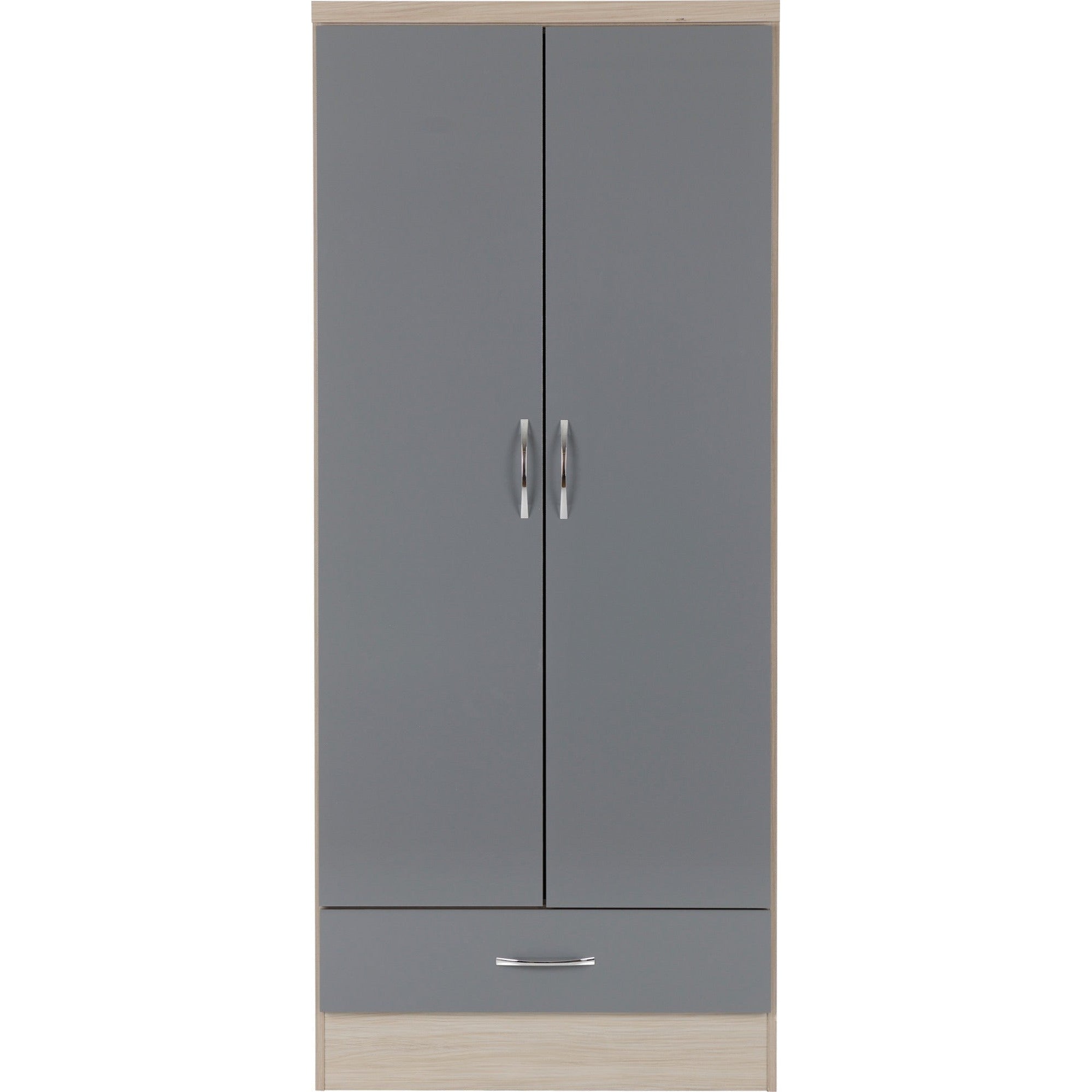 Nevada 2 Door 1 Drawer Wardrobe - Grey Gloss/Light Oak Effect Veneer
