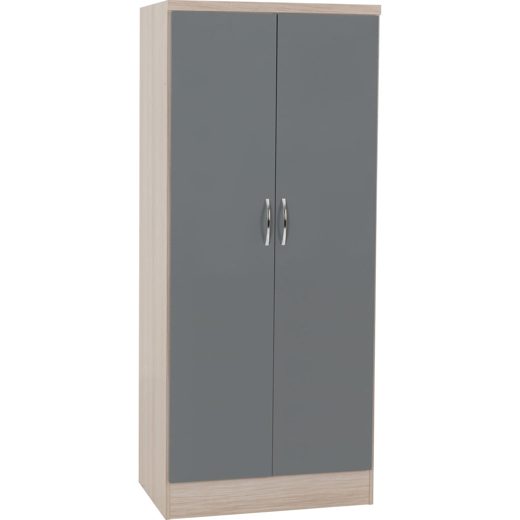 Nevada 2 Door All Hanging Wardrobe - Grey Gloss/Light Oak Effect Veneer