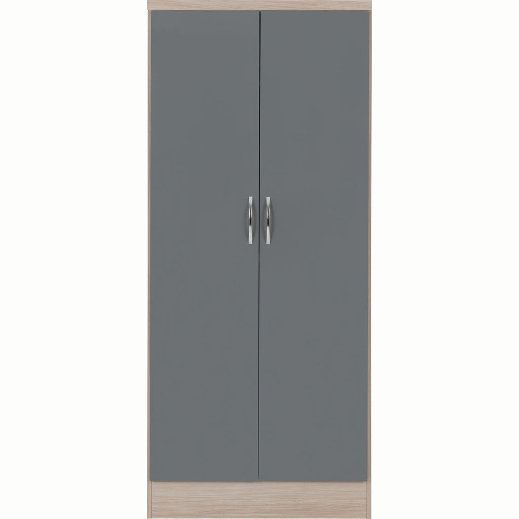 Nevada 2 Door All Hanging Wardrobe - Grey Gloss/Light Oak Effect Veneer