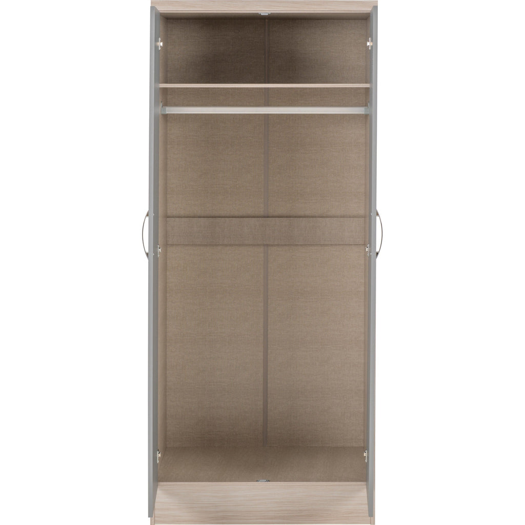 Nevada 2 Door All Hanging Wardrobe - Grey Gloss/Light Oak Effect Veneer