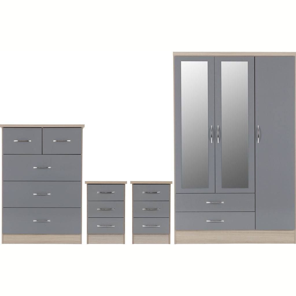 Nevada 3 Door 2 Drawer Wardrobe Bedroom Set - Grey Gloss/Light Oak Effect Veneer
