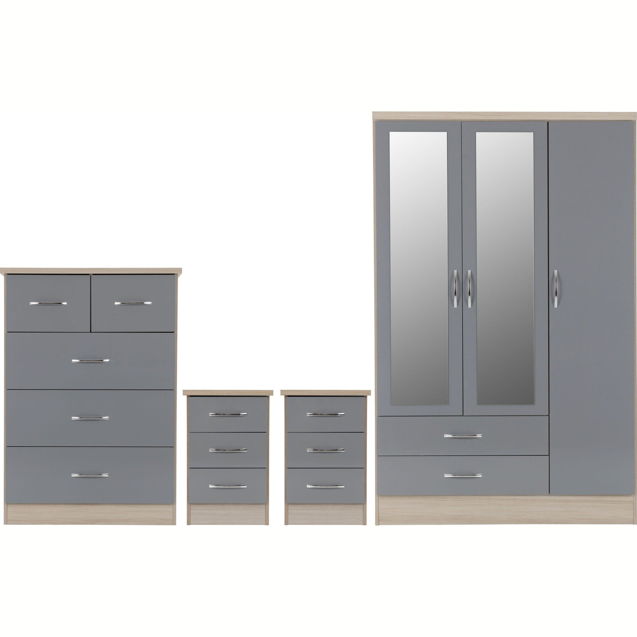 Nevada 3 Door 2 Drawer Wardrobe Bedroom Set - Grey Gloss/Light Oak Effect Veneer