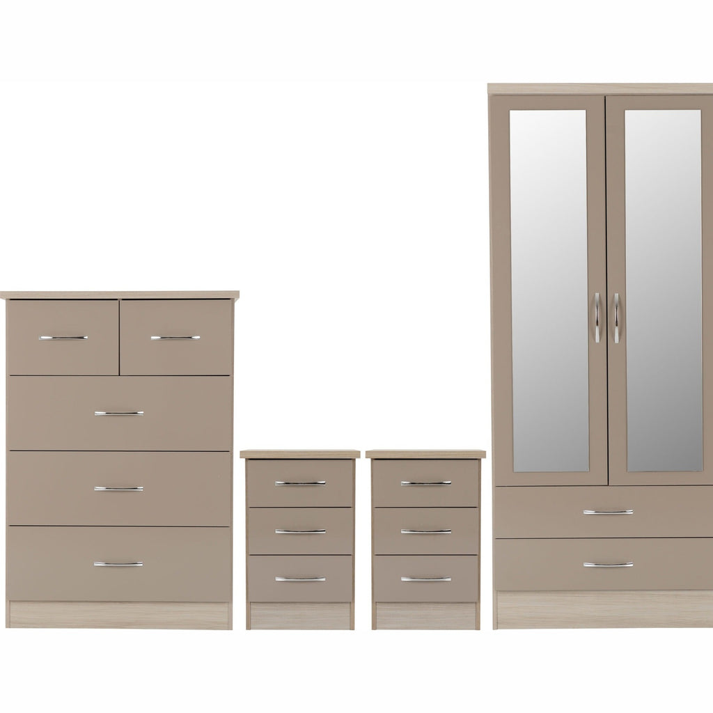 Nevada 3 Door 2 Drawer Wardrobe Bedroom Set - Oyster Gloss/Light Oak Effect Veneer