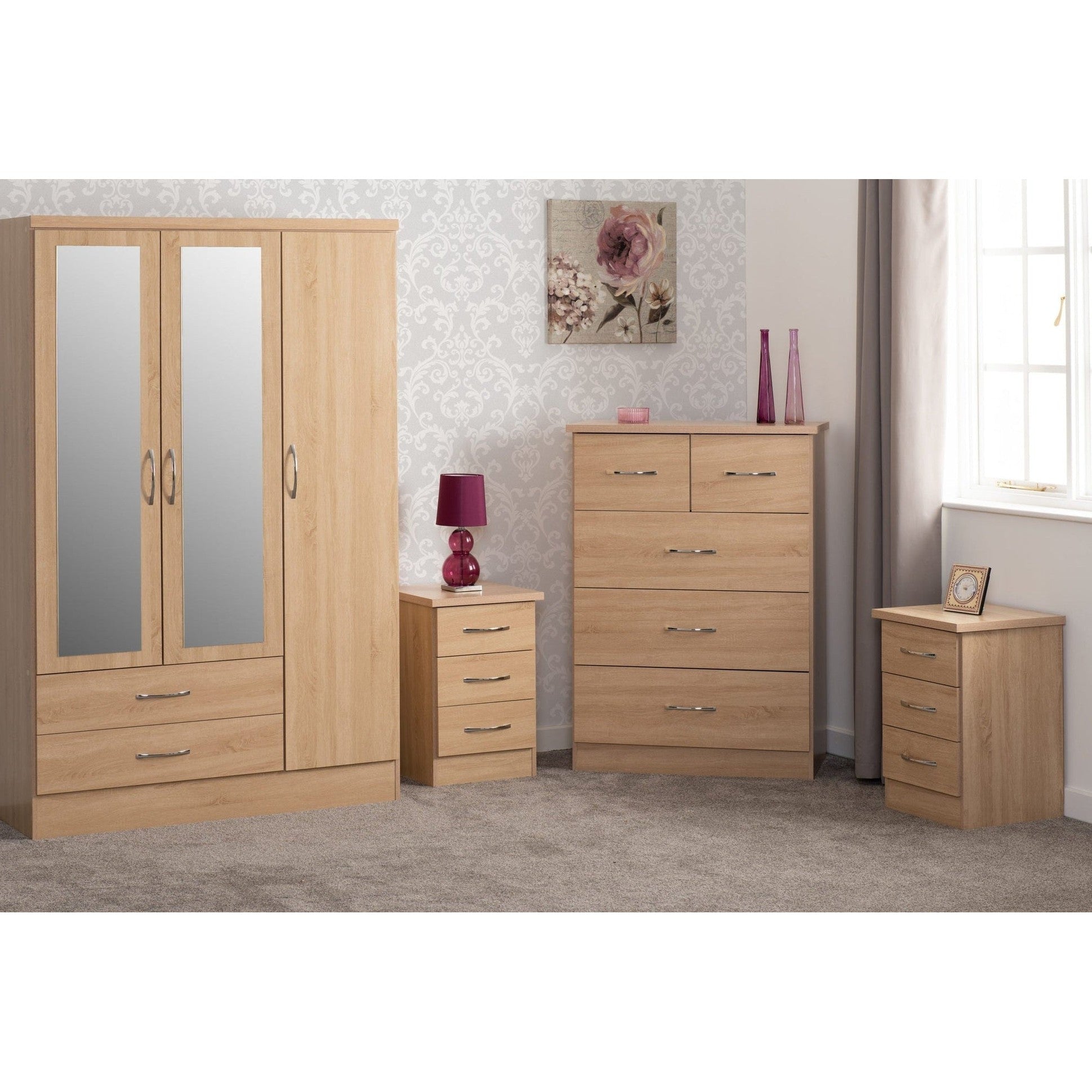 Nevada 3 Door 2 Drawer Wardrobe Bedroom Set - Sonoma Oak Effect