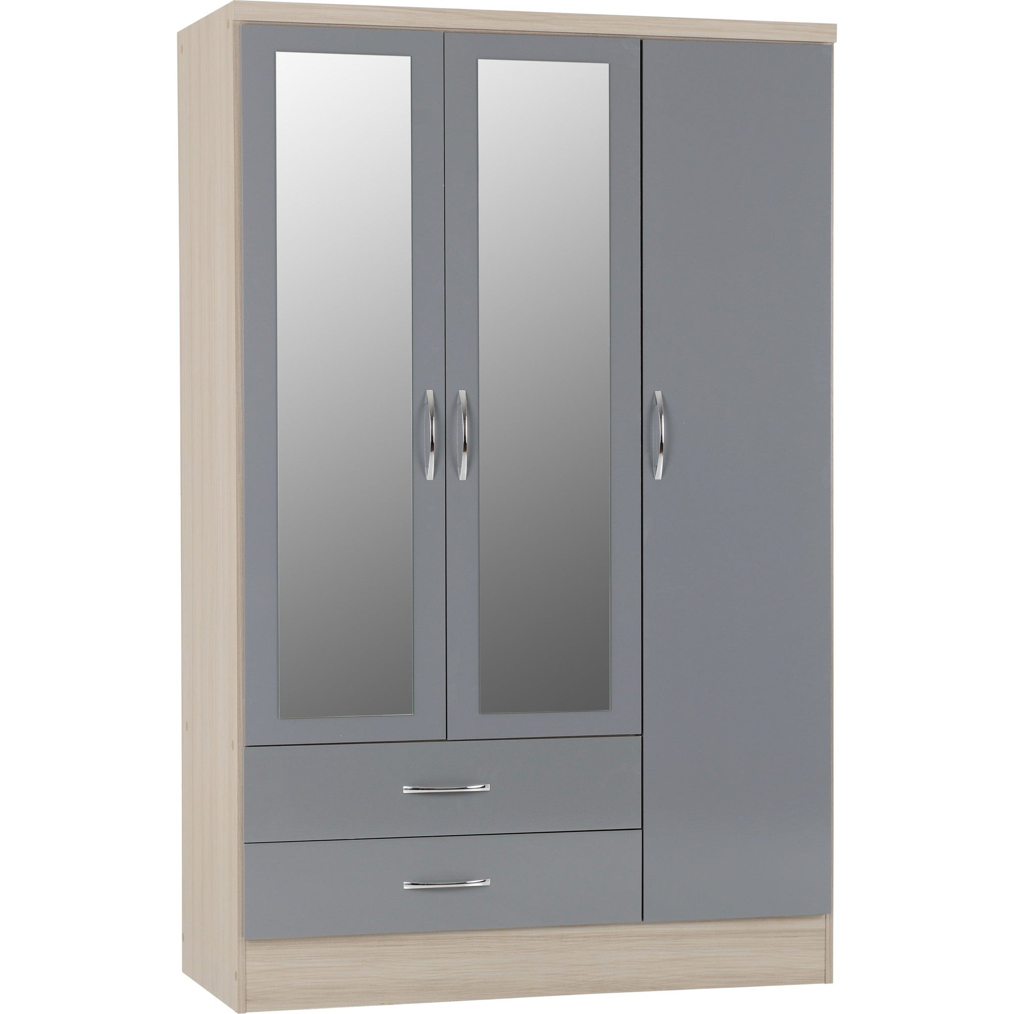 Nevada 3 Door 2 Drawer Wardrobe - Grey Gloss/Light Oak Effect Veneer