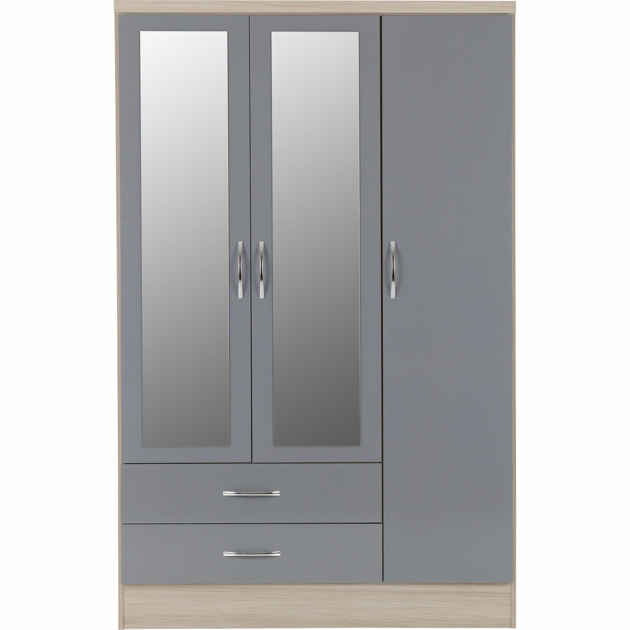 Nevada 3 Door 2 Drawer Wardrobe - Grey Gloss/Light Oak Effect Veneer