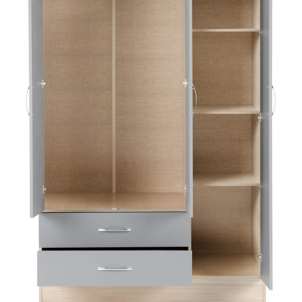 Nevada 3 Door 2 Drawer Wardrobe - Grey Gloss/Light Oak Effect Veneer
