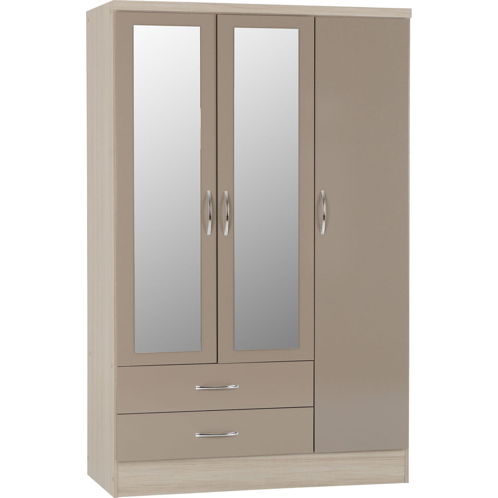 Nevada 3 Door 2 Drawer Wardrobe - Oyster Gloss/Light Oak Effect Veneer