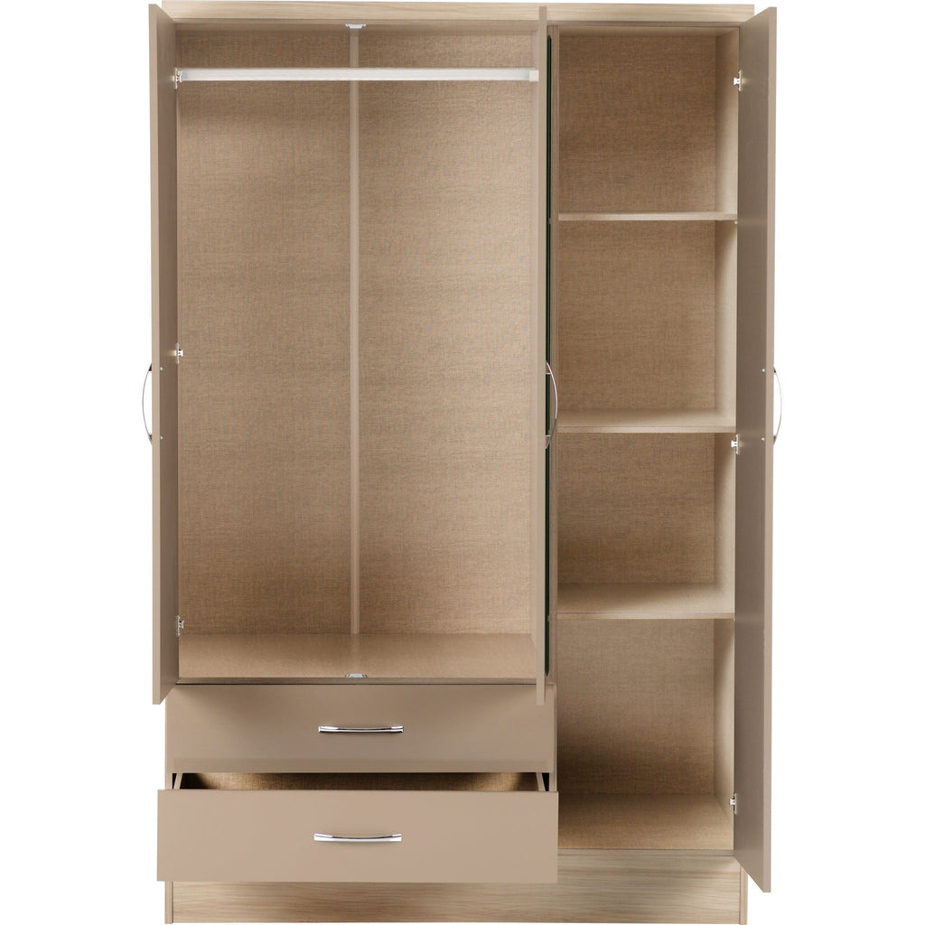 Nevada 3 Door 2 Drawer Wardrobe - Oyster Gloss/Light Oak Effect Veneer