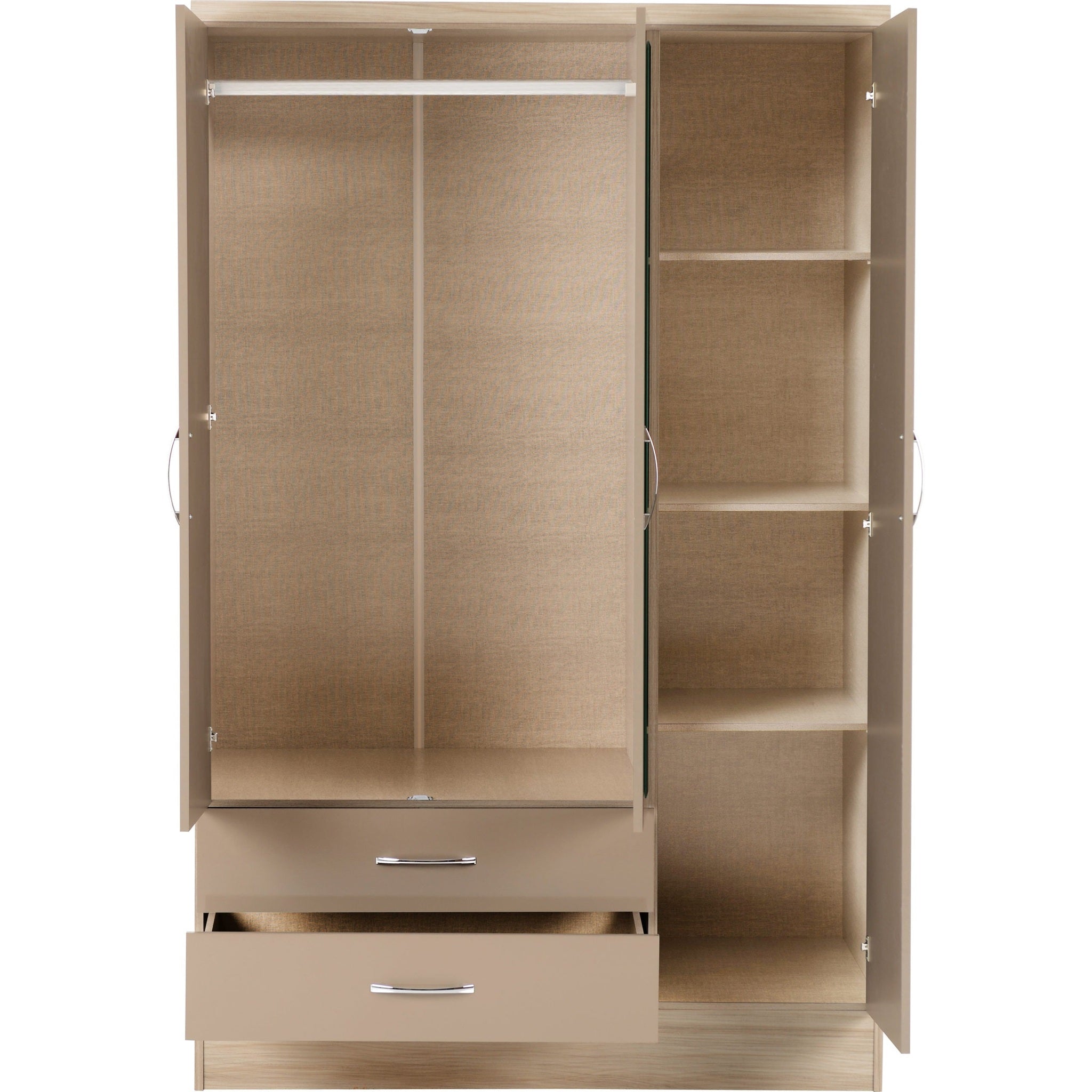 Nevada 3 Door 2 Drawer Wardrobe - Oyster Gloss/Light Oak Effect Veneer