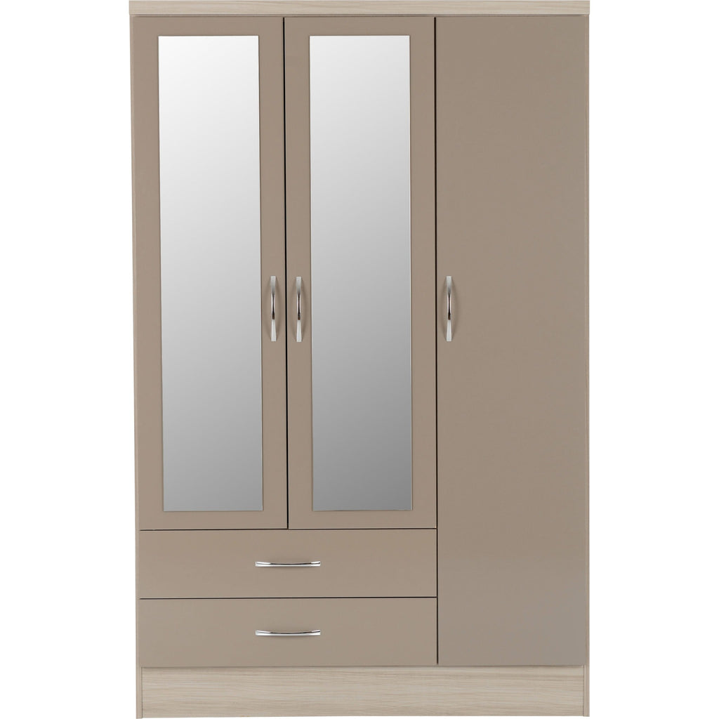 Nevada 3 Door 2 Drawer Wardrobe - Oyster Gloss/Light Oak Effect Veneer