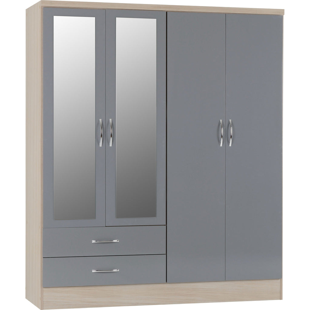 Nevada 4 Door 2 Drawer Wardrobe - Grey Gloss/Light Oak Effect Veneer