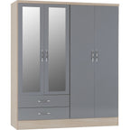Nevada 4 Door 2 Drawer Wardrobe - Grey Gloss/Light Oak Effect Veneer