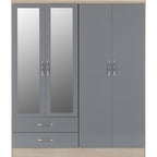Nevada 4 Door 2 Drawer Wardrobe - Grey Gloss/Light Oak Effect Veneer