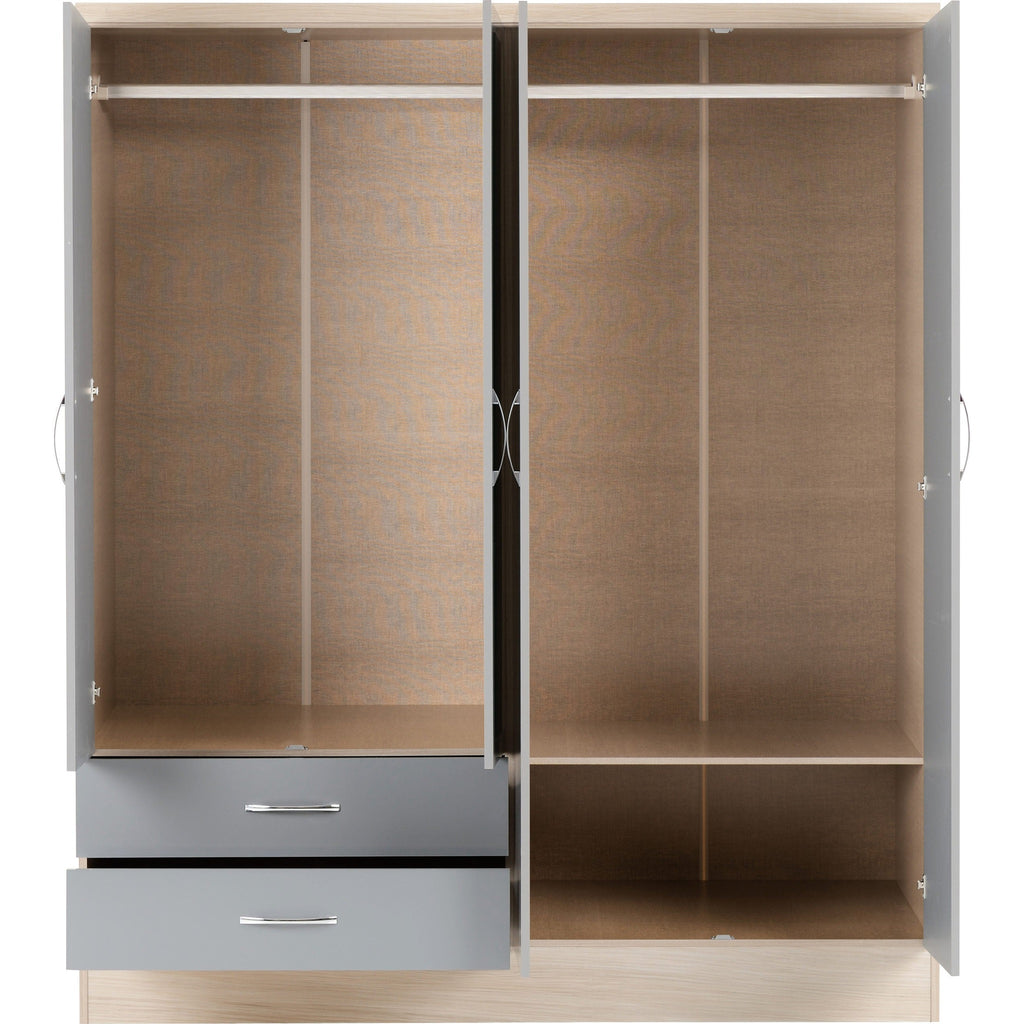 Nevada 4 Door 2 Drawer Wardrobe - Grey Gloss/Light Oak Effect Veneer