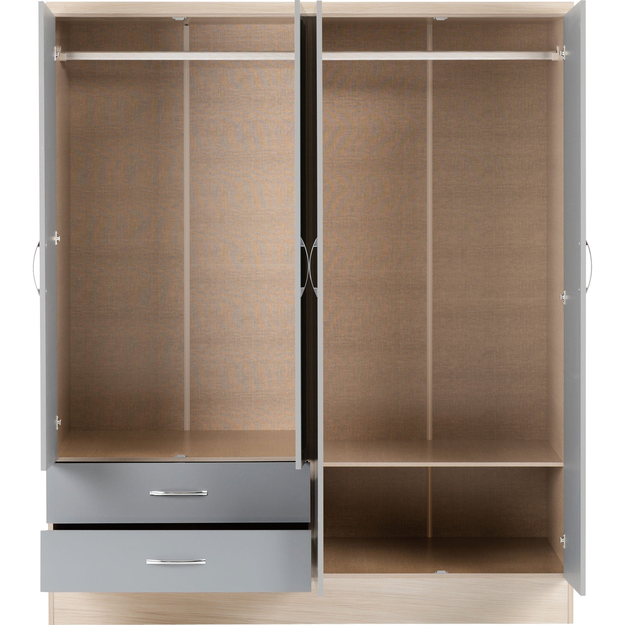 Nevada 4 Door 2 Drawer Wardrobe - Grey Gloss/Light Oak Effect Veneer