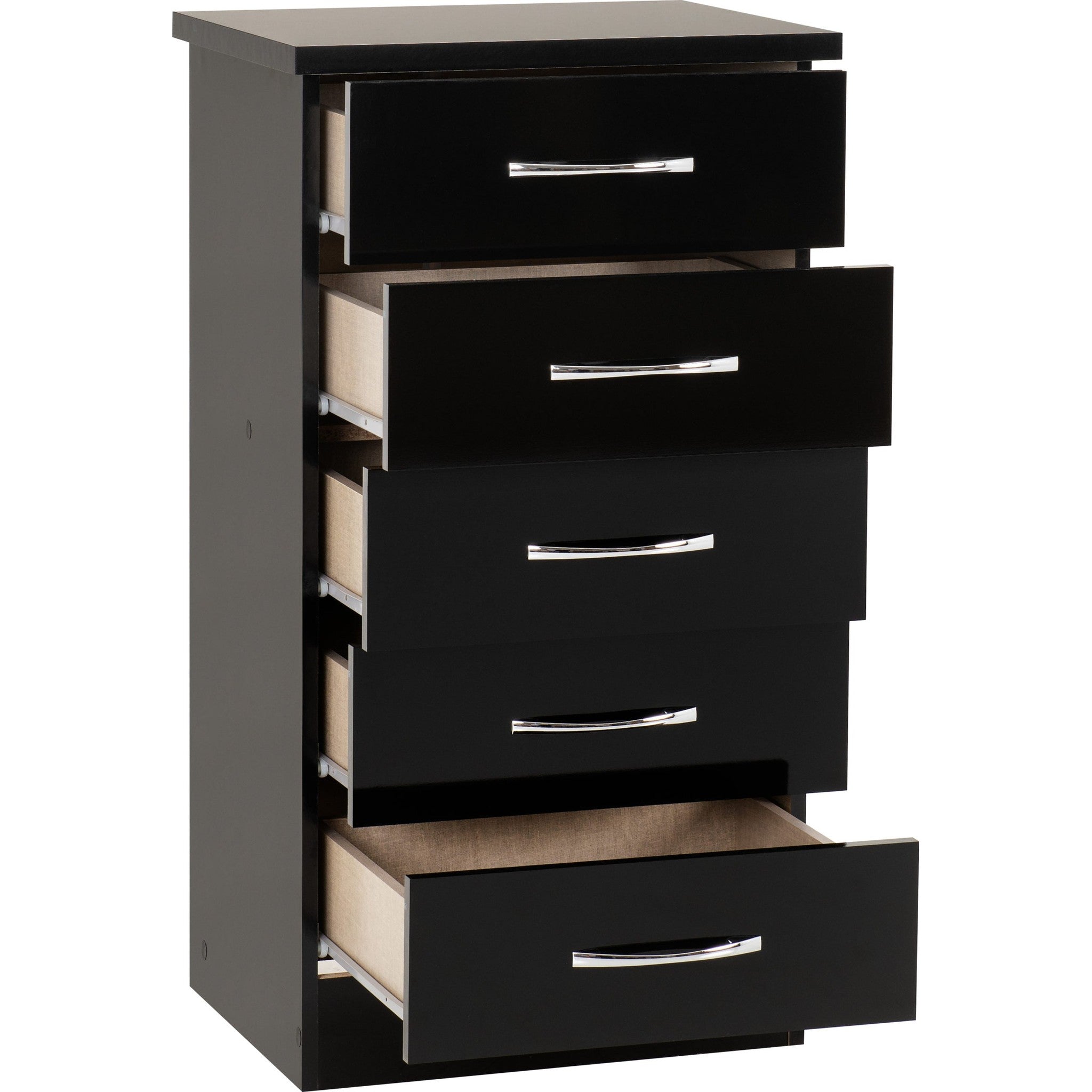 Nevada 5 Drawer Narrow Chest - Black Gloss