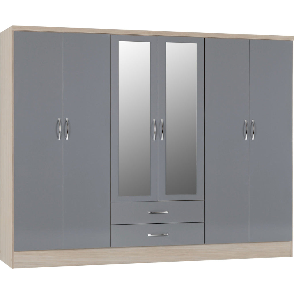 Nevada 6 Door 2 Drawer Wardrobe - Grey Gloss/Light Oak Effect Veneer