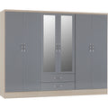 Nevada 6 Door 2 Drawer Wardrobe - Grey Gloss/Light Oak Effect Veneer