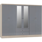 Nevada 6 Door 2 Drawer Wardrobe - Grey Gloss/Light Oak Effect Veneer