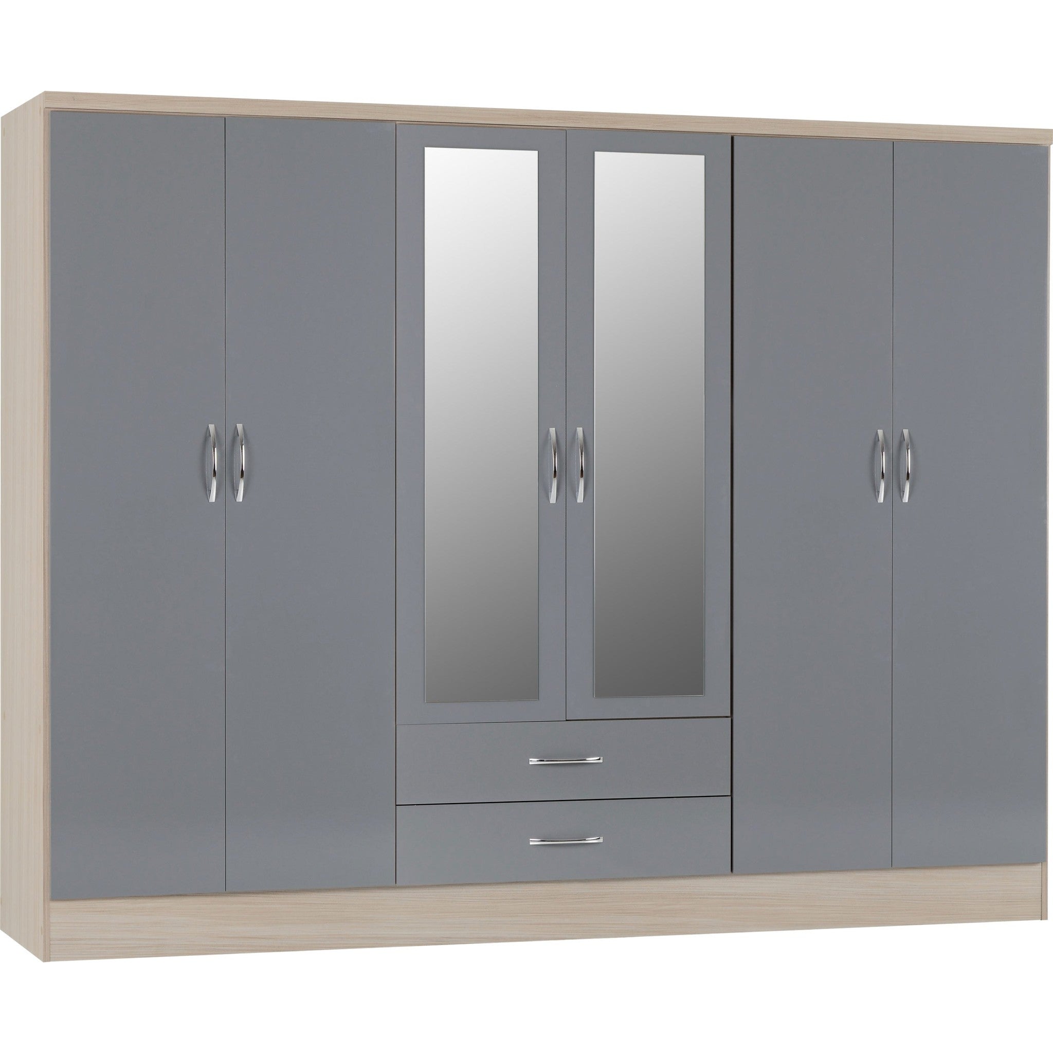 Nevada 6 Door 2 Drawer Wardrobe - Grey Gloss/Light Oak Effect Veneer