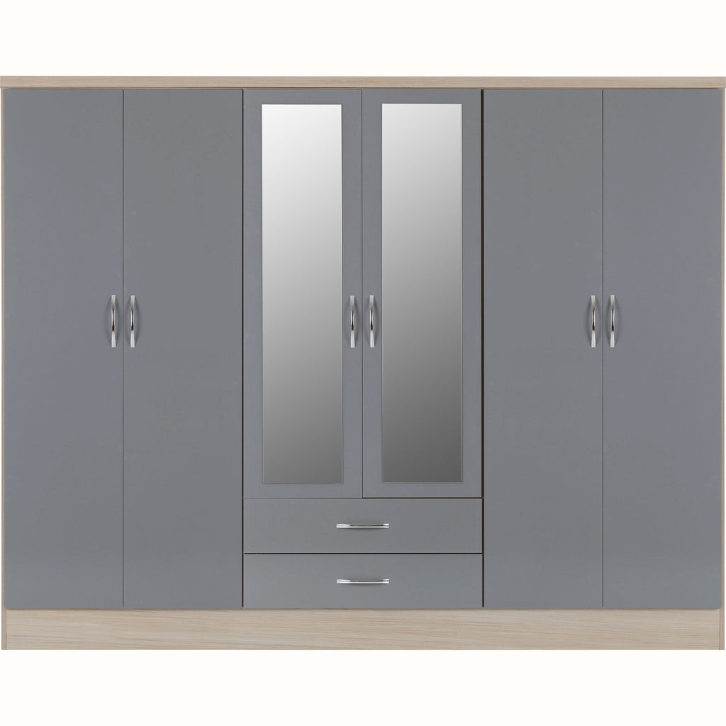 Nevada 6 Door 2 Drawer Wardrobe - Grey Gloss/Light Oak Effect Veneer