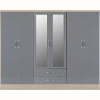 Nevada 6 Door 2 Drawer Wardrobe - Grey Gloss/Light Oak Effect Veneer
