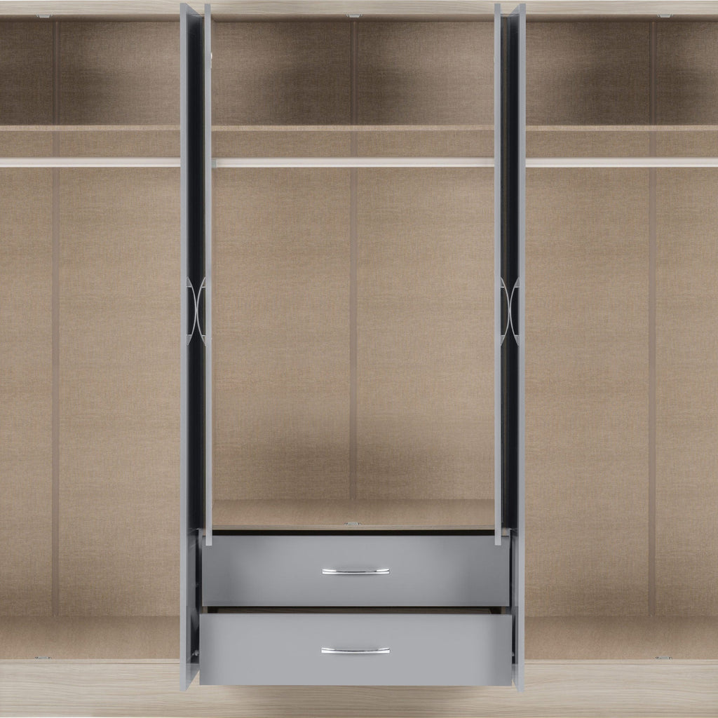 Nevada 6 Door 2 Drawer Wardrobe - Grey Gloss/Light Oak Effect Veneer