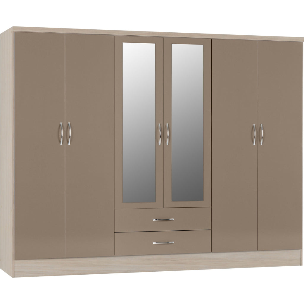 Nevada 6 Door 2 Drawer Wardrobe - Oyster Gloss/Light Oak Effect Veneer