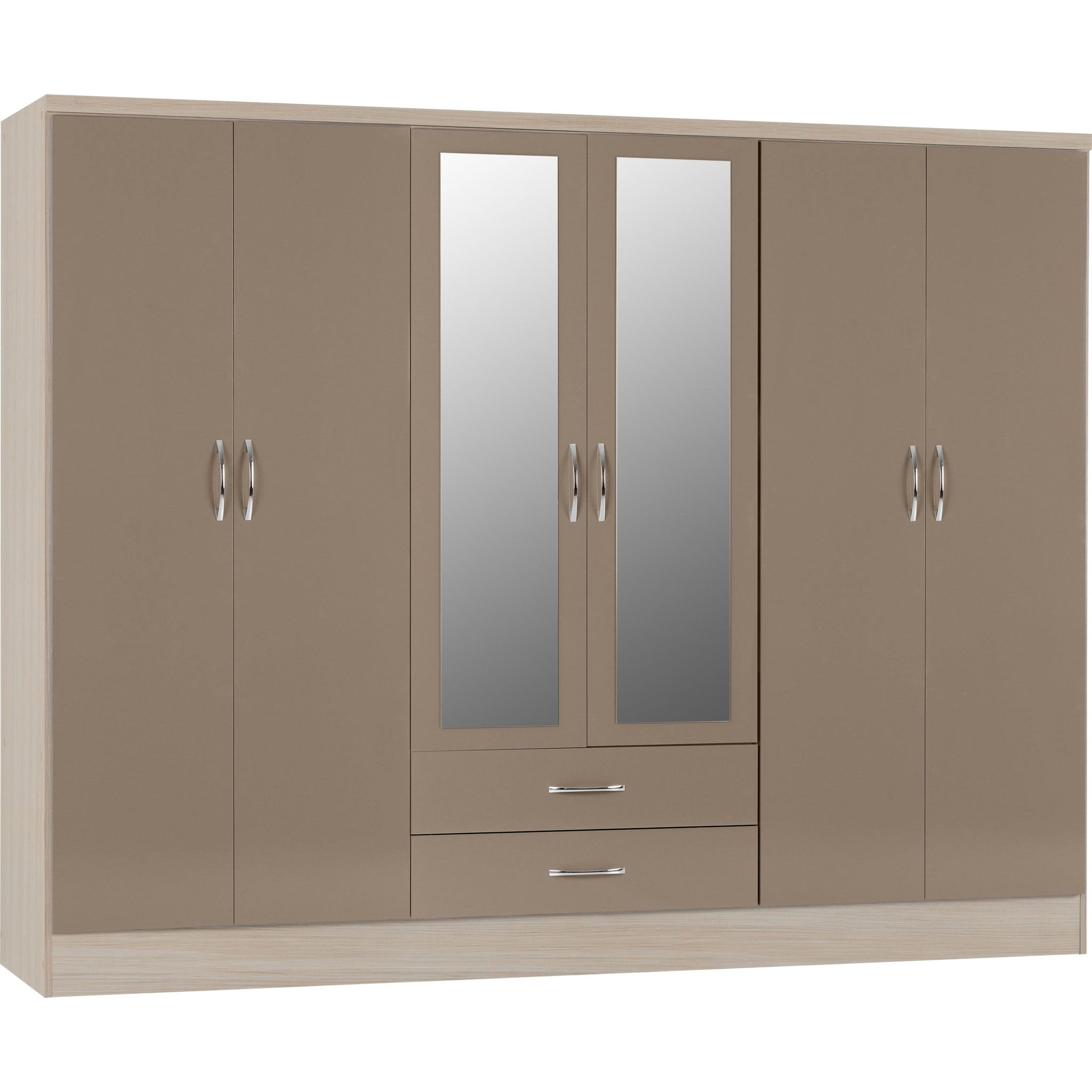 Nevada 6 Door 2 Drawer Wardrobe - Oyster Gloss/Light Oak Effect Veneer