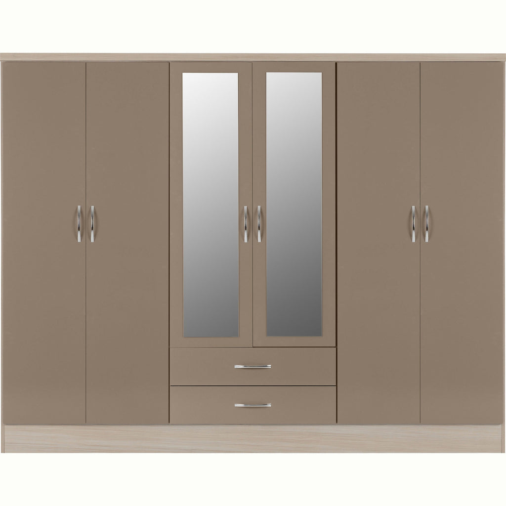 Nevada 6 Door 2 Drawer Wardrobe - Oyster Gloss/Light Oak Effect Veneer