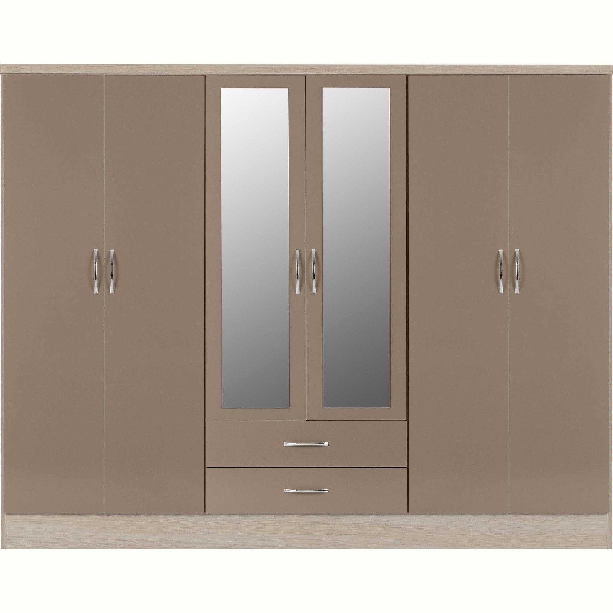 Nevada 6 Door 2 Drawer Wardrobe - Oyster Gloss/Light Oak Effect Veneer