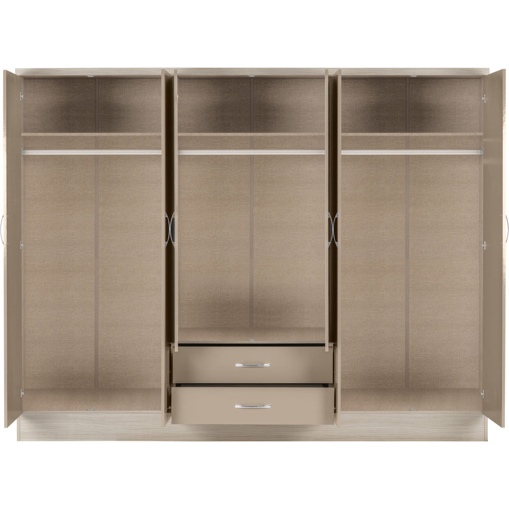 Nevada 6 Door 2 Drawer Wardrobe - Oyster Gloss/Light Oak Effect Veneer