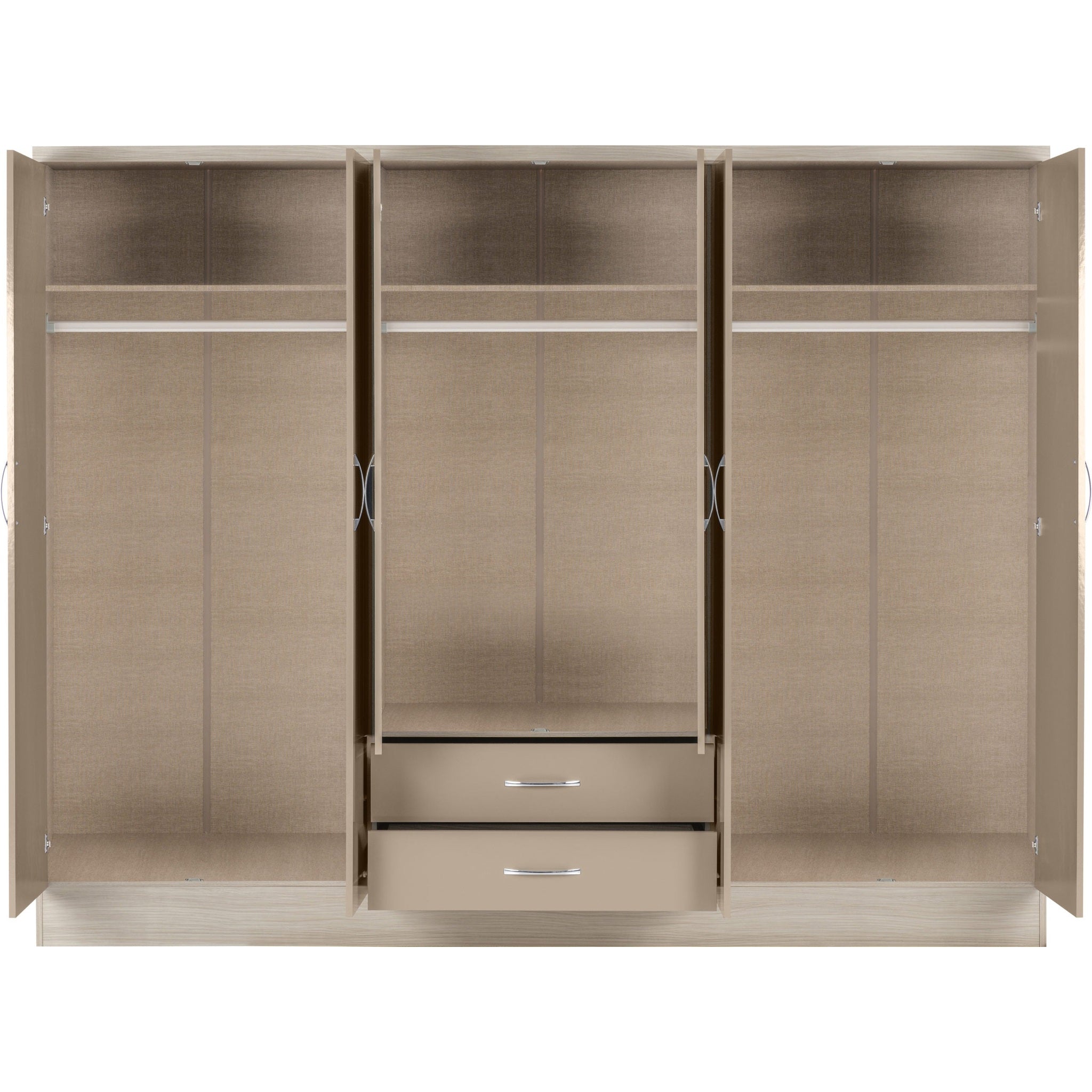 Nevada 6 Door 2 Drawer Wardrobe - Oyster Gloss/Light Oak Effect Veneer