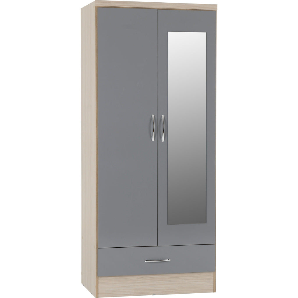 Nevada Mirrored 2 Door Wardrobe - Grey Gloss/Light Oak Effect Veneer