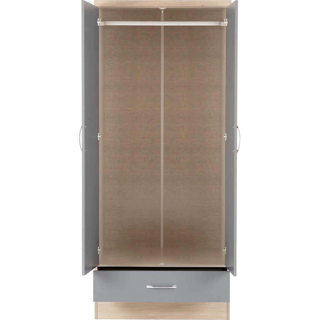 Nevada Mirrored 2 Door Wardrobe - Grey Gloss/Light Oak Effect Veneer