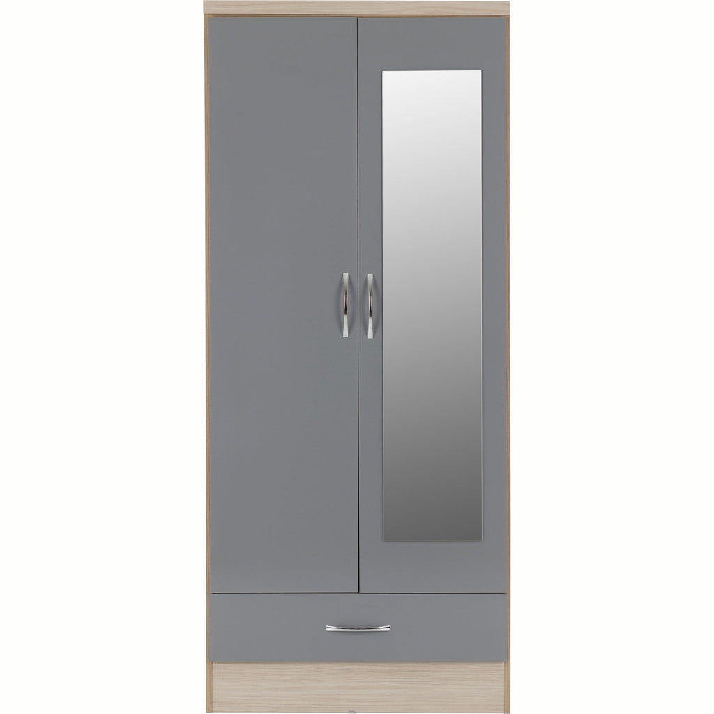 Nevada Mirrored 2 Door Wardrobe - Grey Gloss/Light Oak Effect Veneer