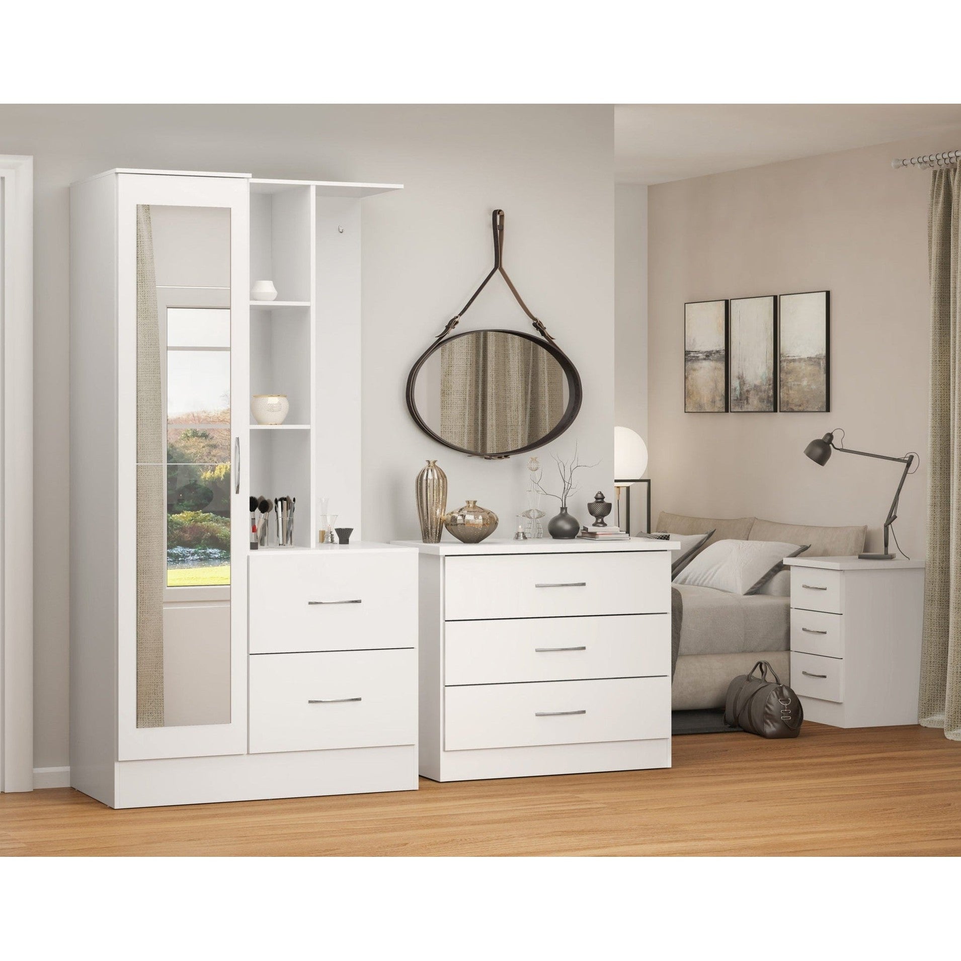 Nevada Mirrored Open Shelf Wardrobe - White Gloss