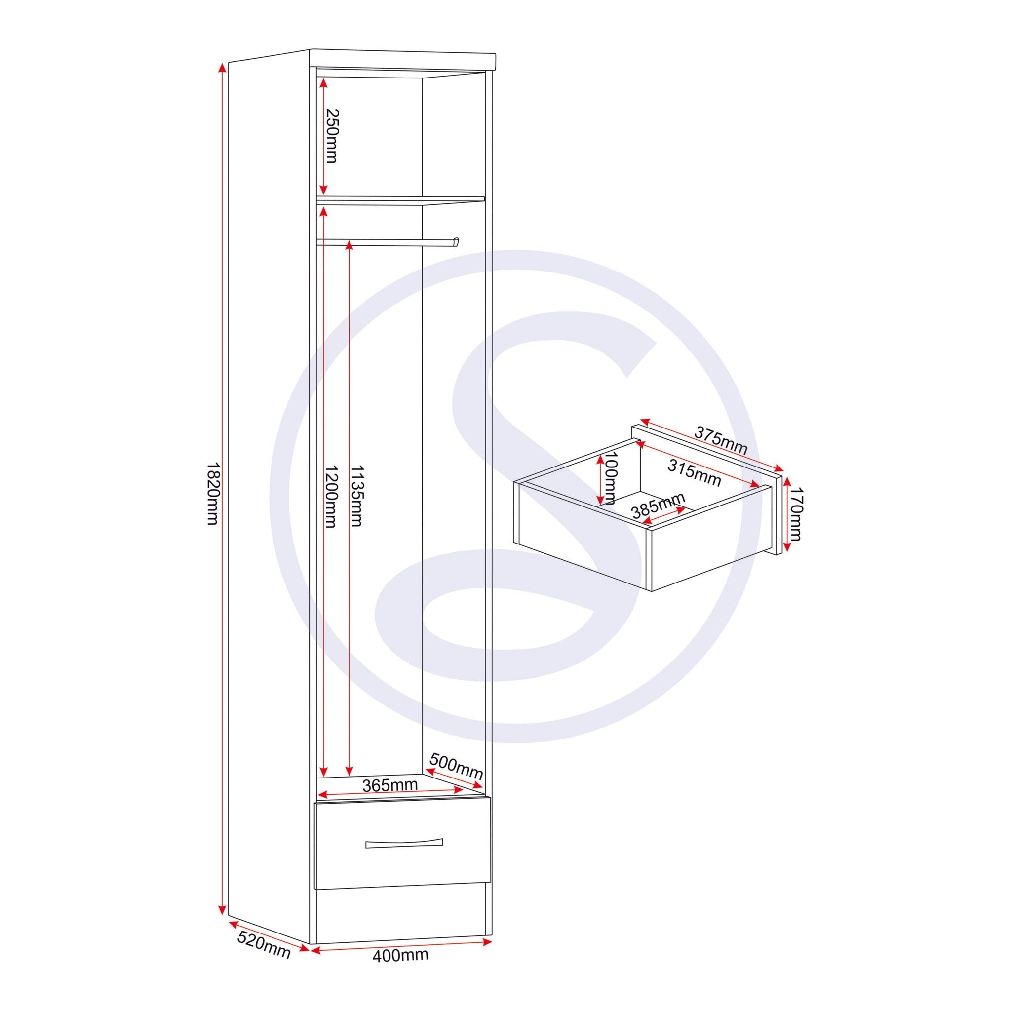 Nevada 1 Door 1 Drawer Wardrobe - White Gloss
