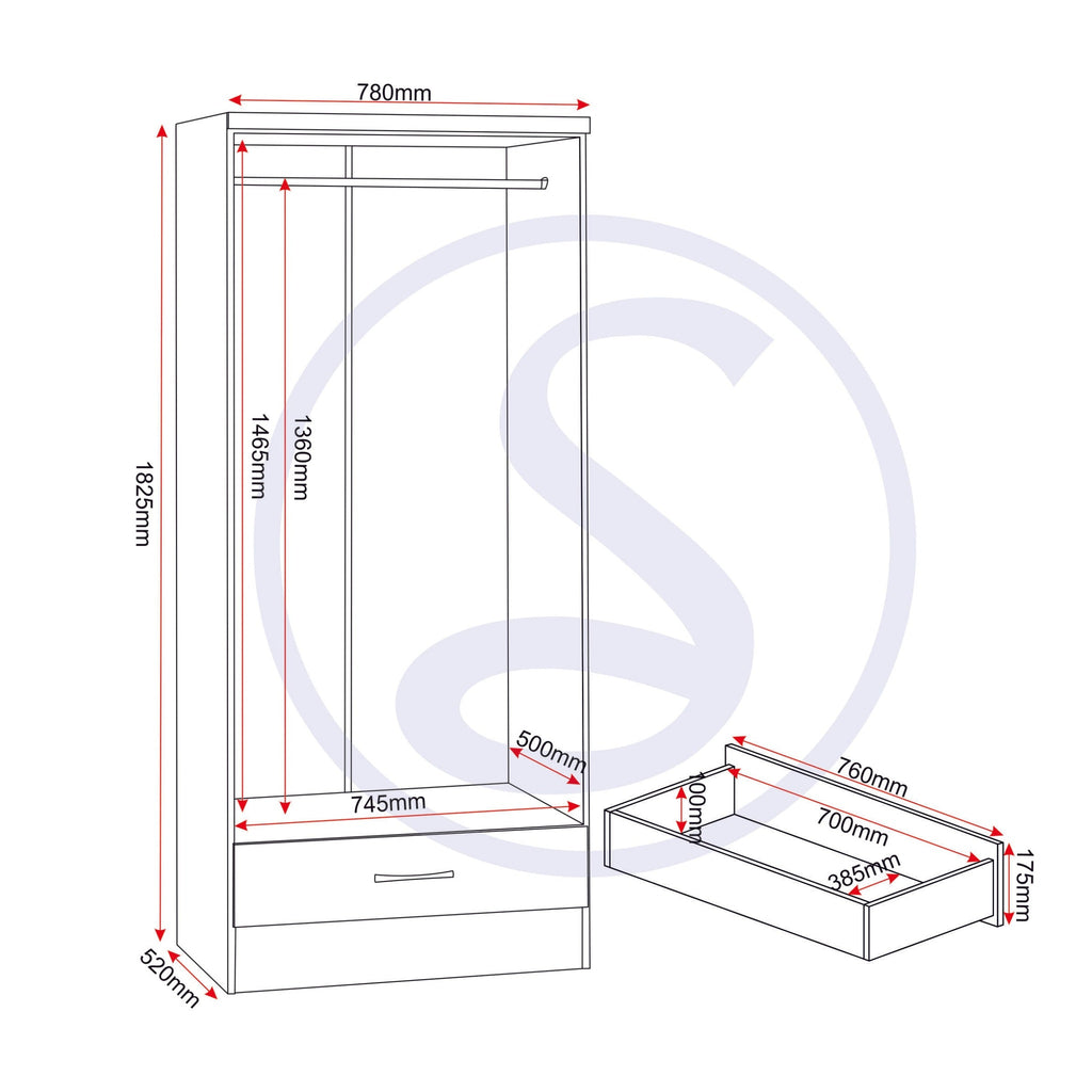 Nevada Mirrored 2 Door Wardrobe - Grey Gloss/Light Oak Effect Veneer