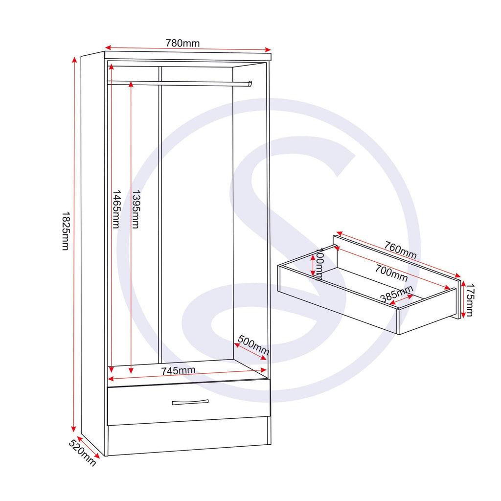 Nevada Mirrored 2 Door Wardrobe - Black Gloss